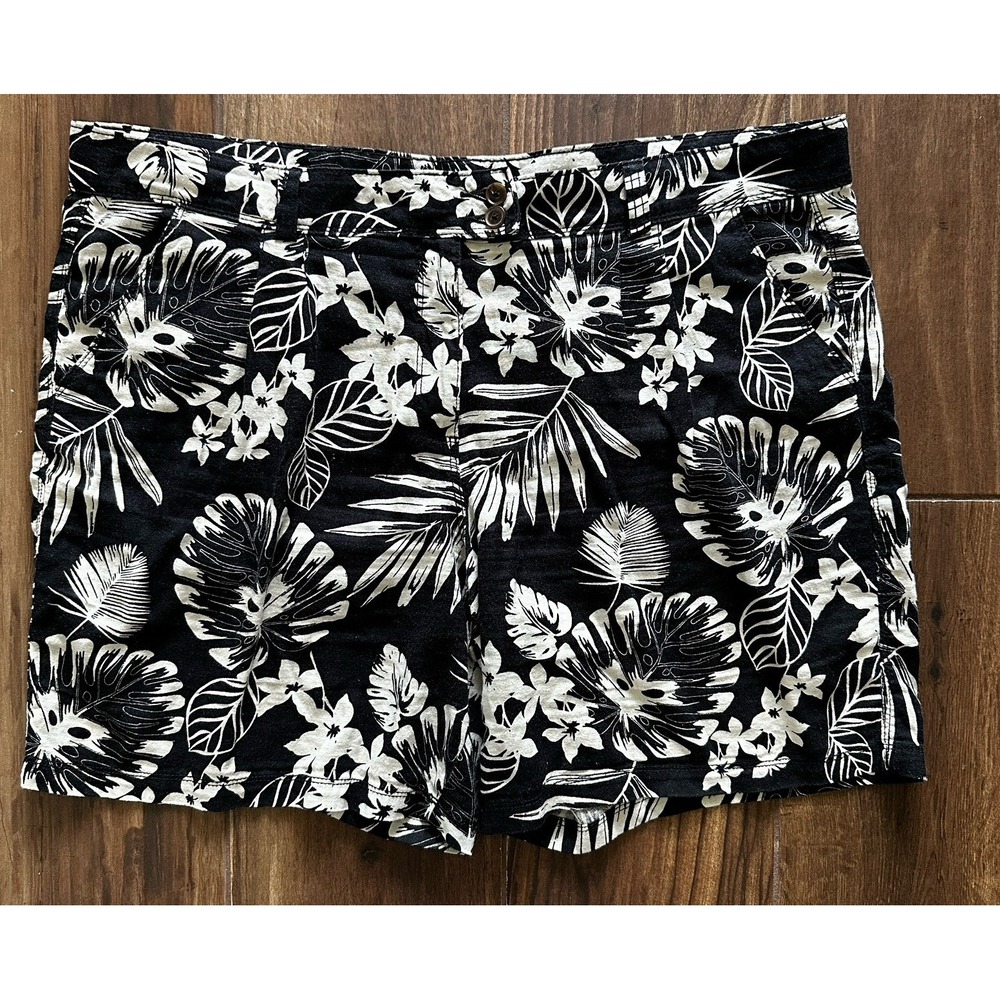 TU Womens Mid-Rise Linen Viscose Shorts Black & Cream Floral Sz 16 Resort Beach